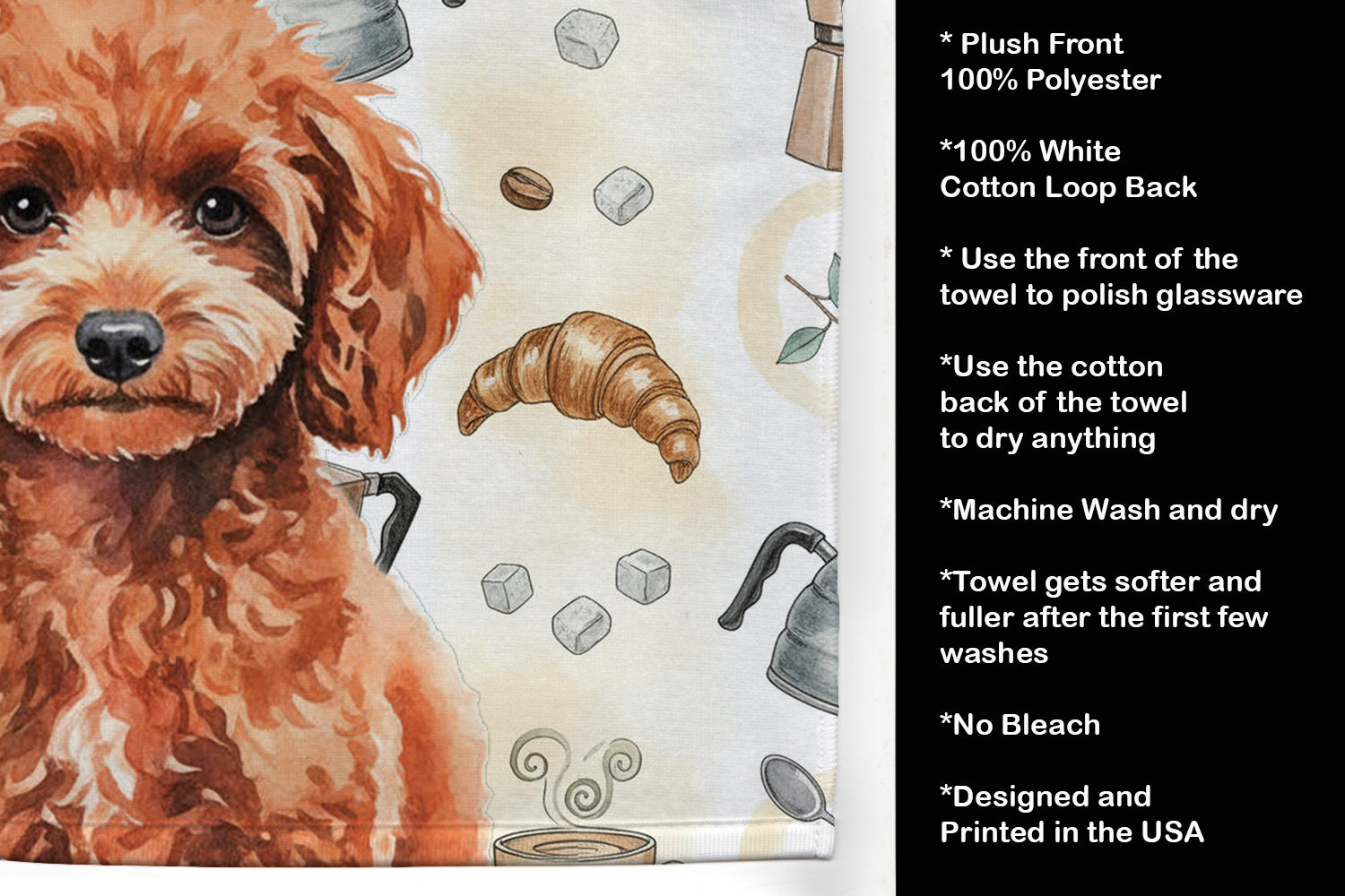 Miniature Red Poodle Coffee Bar Kitchen Towel Velour Plush Front and Cotton Loop Back Machine Washable
