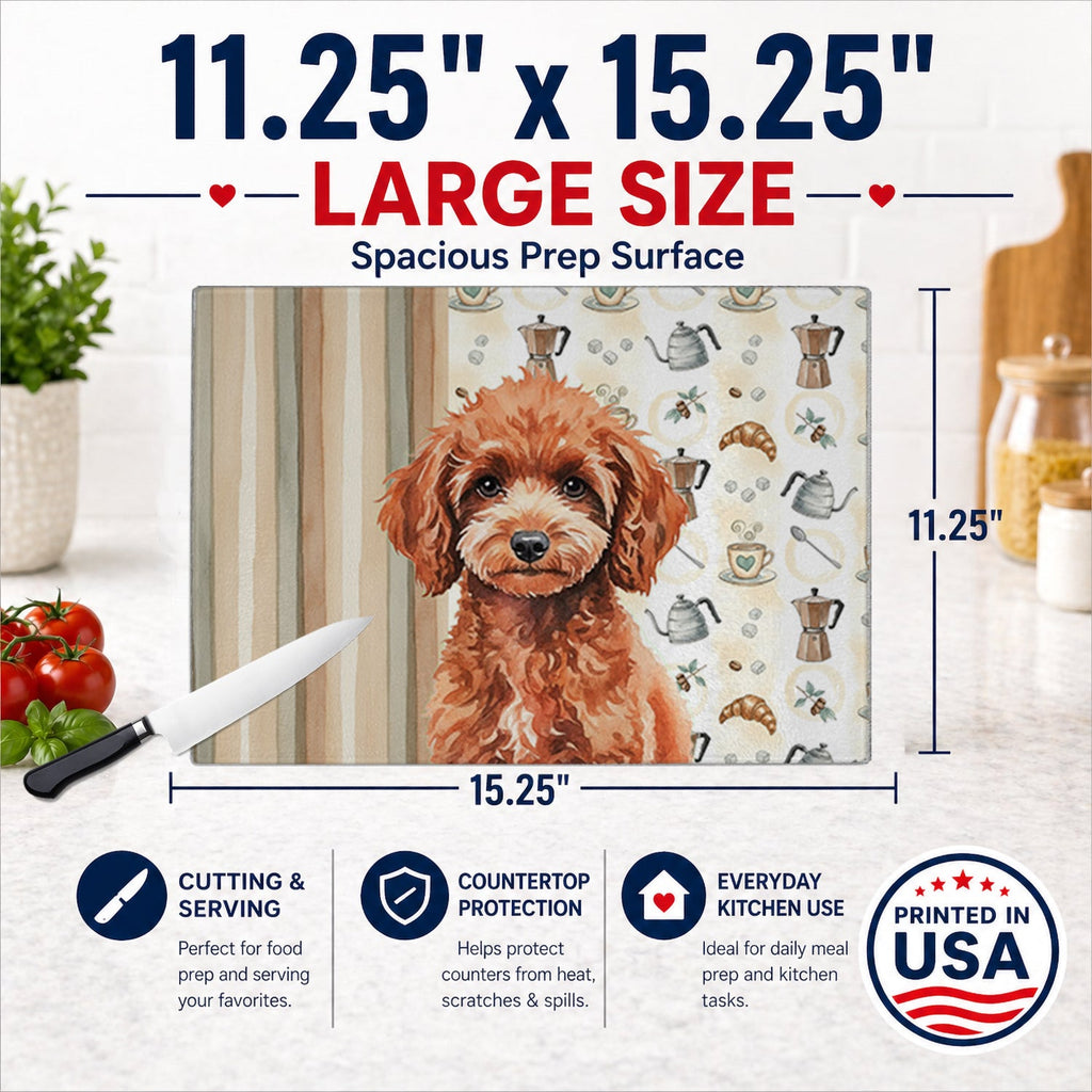 Miniature Red Poodle Coffee Bar Cutting Board Tempered Glass Kitchen Cutting Surface, Heat Resistant Chopping, Non-Slip Feet, Food Prep & Serving
