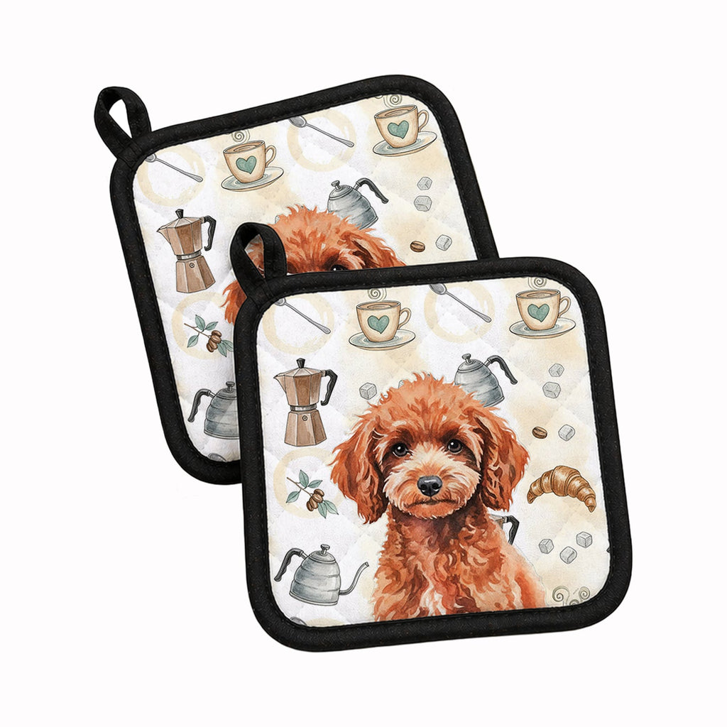 Miniature Red Poodle Coffee Bar Pot Holder Set of 2 Heat Resistant Quilted Hot Pads 7.5 x 7.5 Inch, Insulated Kitchen Trivets for Cooking & Baking