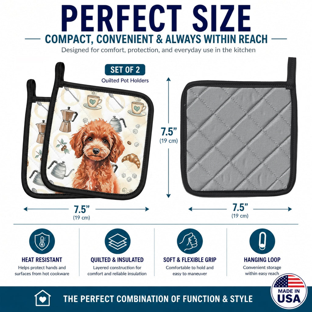 Miniature Red Poodle Coffee Bar Pot Holder Set of 2 Heat Resistant Quilted Hot Pads 7.5 x 7.5 Inch, Insulated Kitchen Trivets for Cooking & Baking