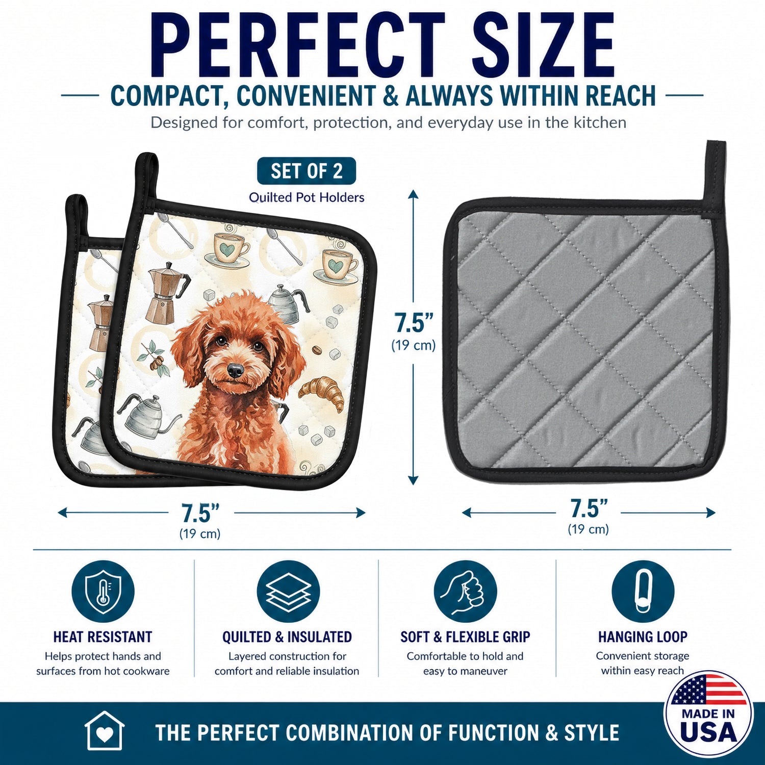 Miniature Red Poodle Coffee Bar Pot Holder Set of 2 Heat Resistant Quilted Hot Pads 7.5 x 7.5 Inch, Insulated Kitchen Trivets for Cooking & Baking
