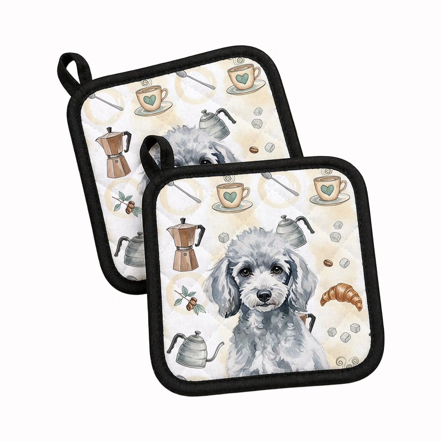 Miniature Silver Poodle Coffee Bar Pot Holder Set of 2 Heat Resistant Quilted Hot Pads 7.5 x 7.5 Inch, Insulated Kitchen Trivets for Cooking & Baking