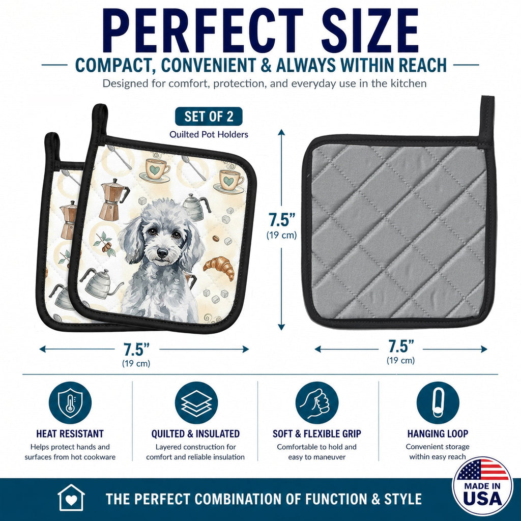 Miniature Silver Poodle Coffee Bar Pot Holder Set of 2 Heat Resistant Quilted Hot Pads 7.5 x 7.5 Inch, Insulated Kitchen Trivets for Cooking & Baking