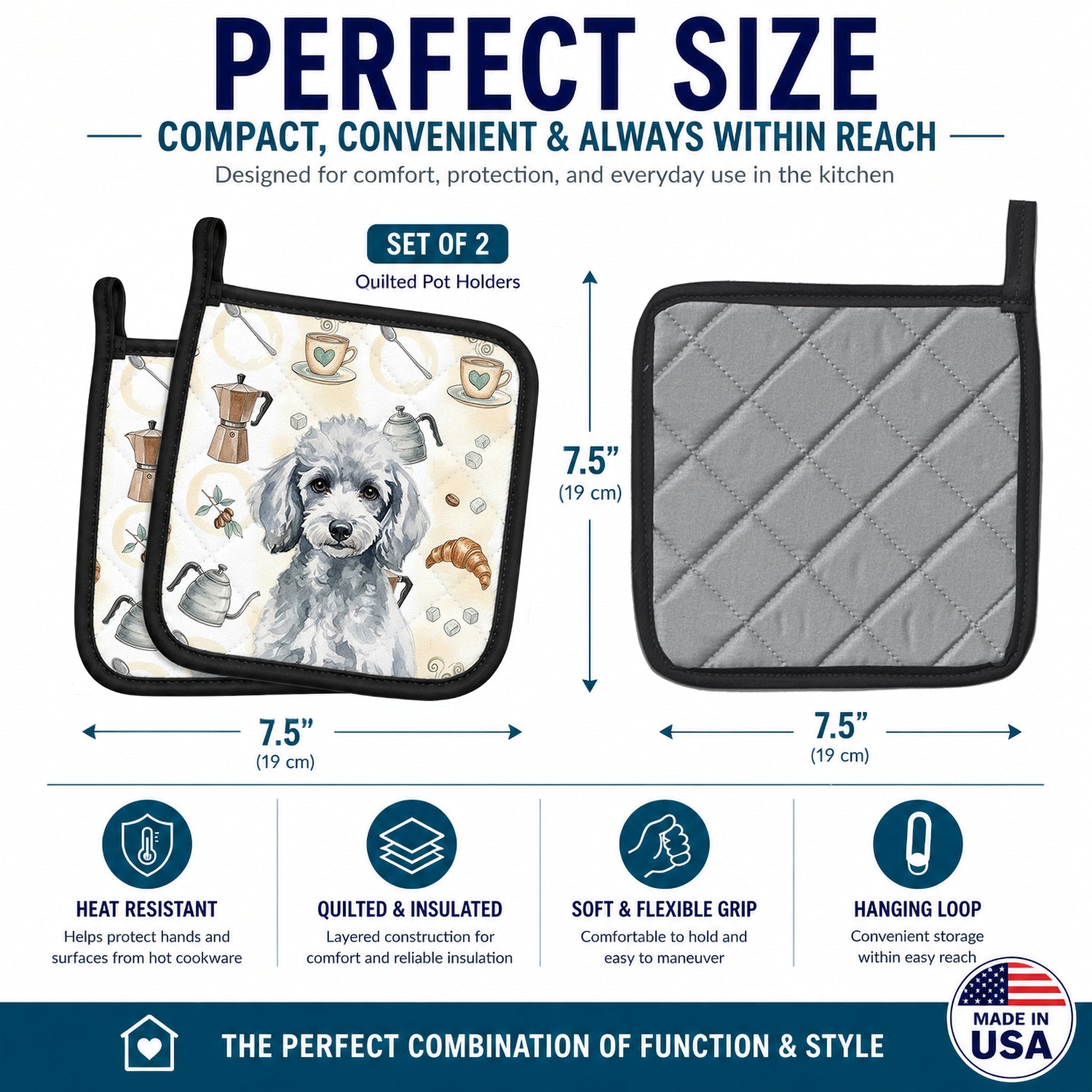 Miniature Silver Poodle Coffee Bar Pot Holder Set of 2 Heat Resistant Quilted Hot Pads 7.5 x 7.5 Inch, Insulated Kitchen Trivets for Cooking & Baking