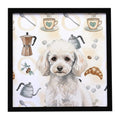 Miniature White Poodle Coffee Bar Framed Metal Print Bathroom, Kitchen, Office, Home Decor Wall Art Ready to Hang, Square, 8X8