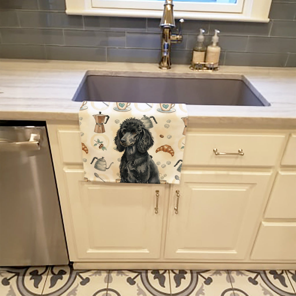 Standard Black Poodle Coffee Bar Kitchen Towel Velour Plush Front and Cotton Loop Back Machine Washable