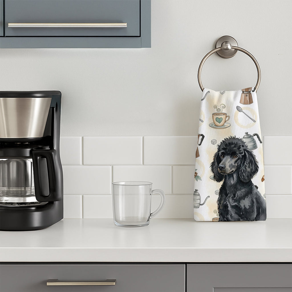 Standard Black Poodle Coffee Bar Kitchen Towel Velour Plush Front and Cotton Loop Back Machine Washable