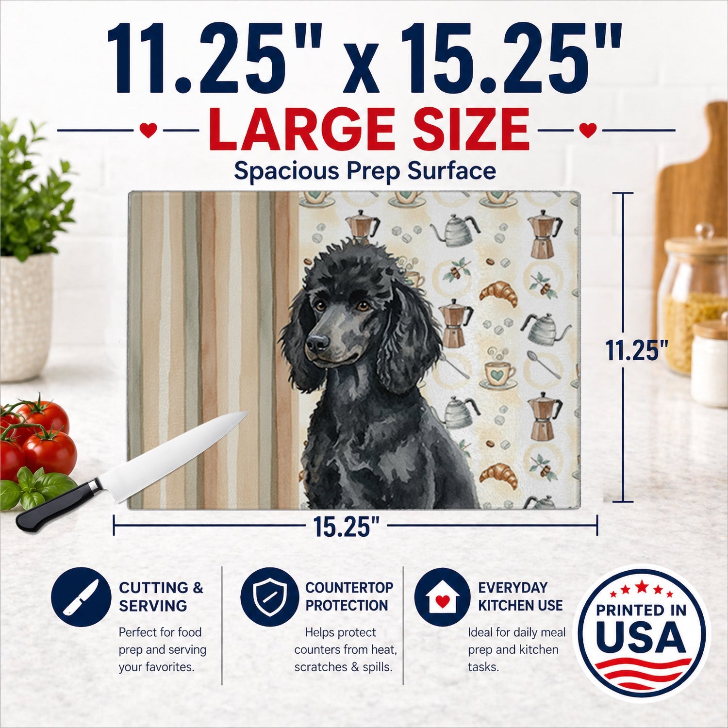 Standard Black Poodle Coffee Bar Cutting Board Tempered Glass Kitchen Cutting Surface, Heat Resistant Chopping, Non-Slip Feet, Food Prep & Serving