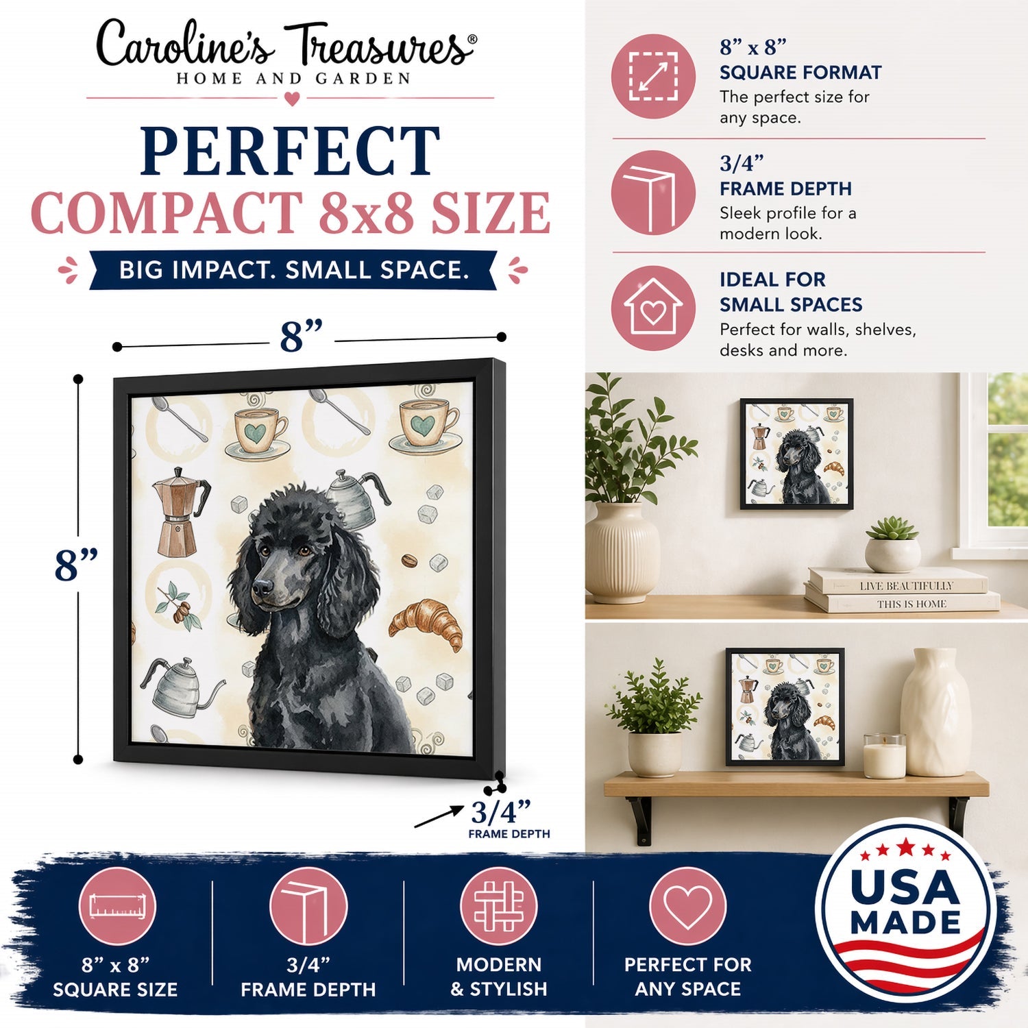 Standard Black Poodle Coffee Bar Framed Metal Print Bathroom, Kitchen, Office, Home Decor Wall Art Ready to Hang, Square, 8X8
