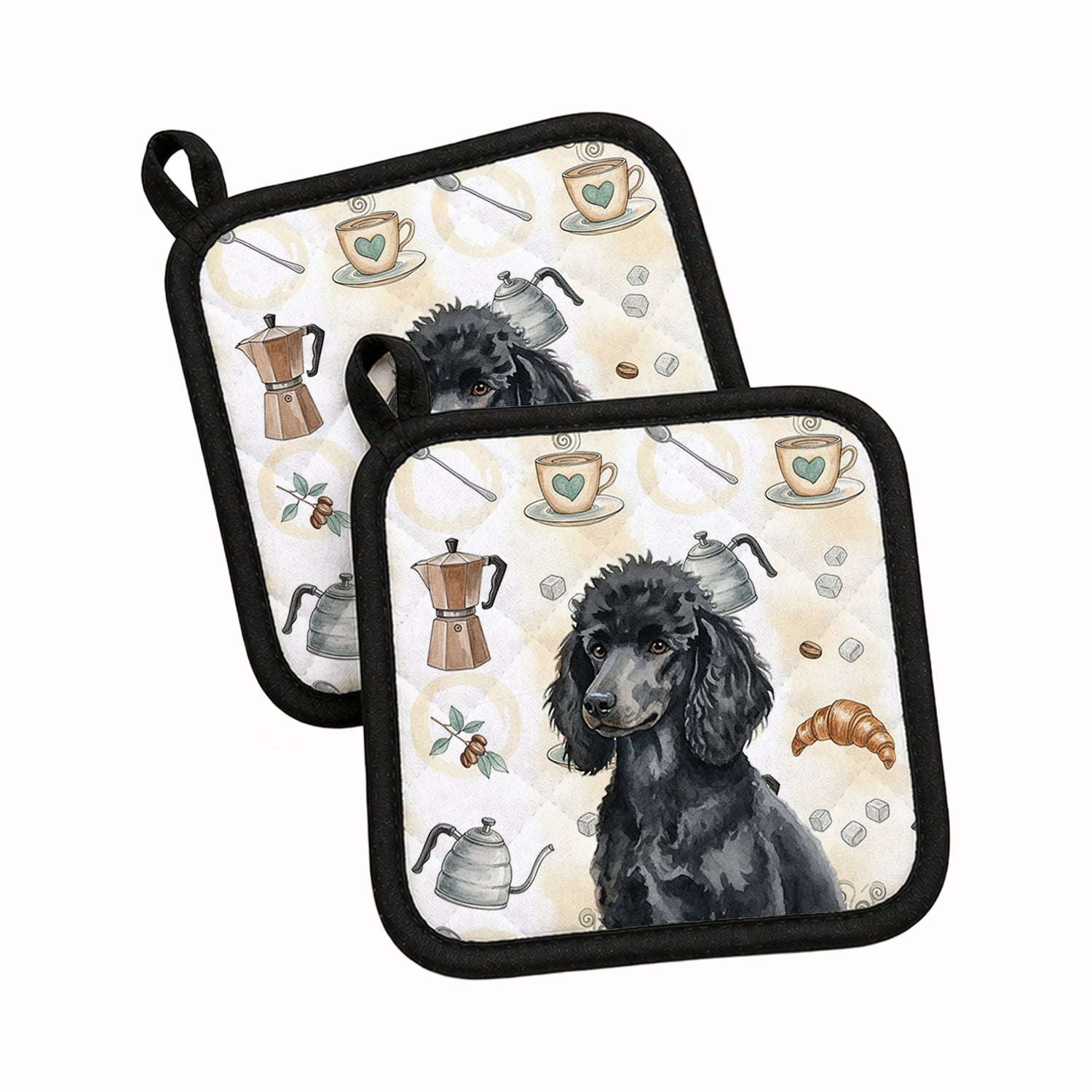 Standard Black Poodle Coffee Bar Pot Holder Set of 2 Heat Resistant Quilted Hot Pads 7.5 x 7.5 Inch, Insulated Kitchen Trivets for Cooking & Baking