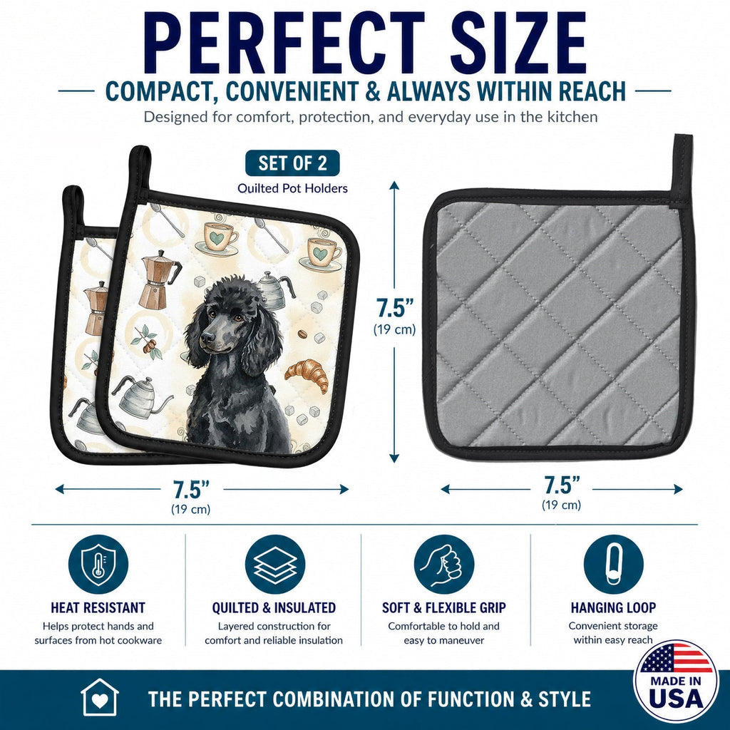 Standard Black Poodle Coffee Bar Pot Holder Set of 2 Heat Resistant Quilted Hot Pads 7.5 x 7.5 Inch, Insulated Kitchen Trivets for Cooking & Baking