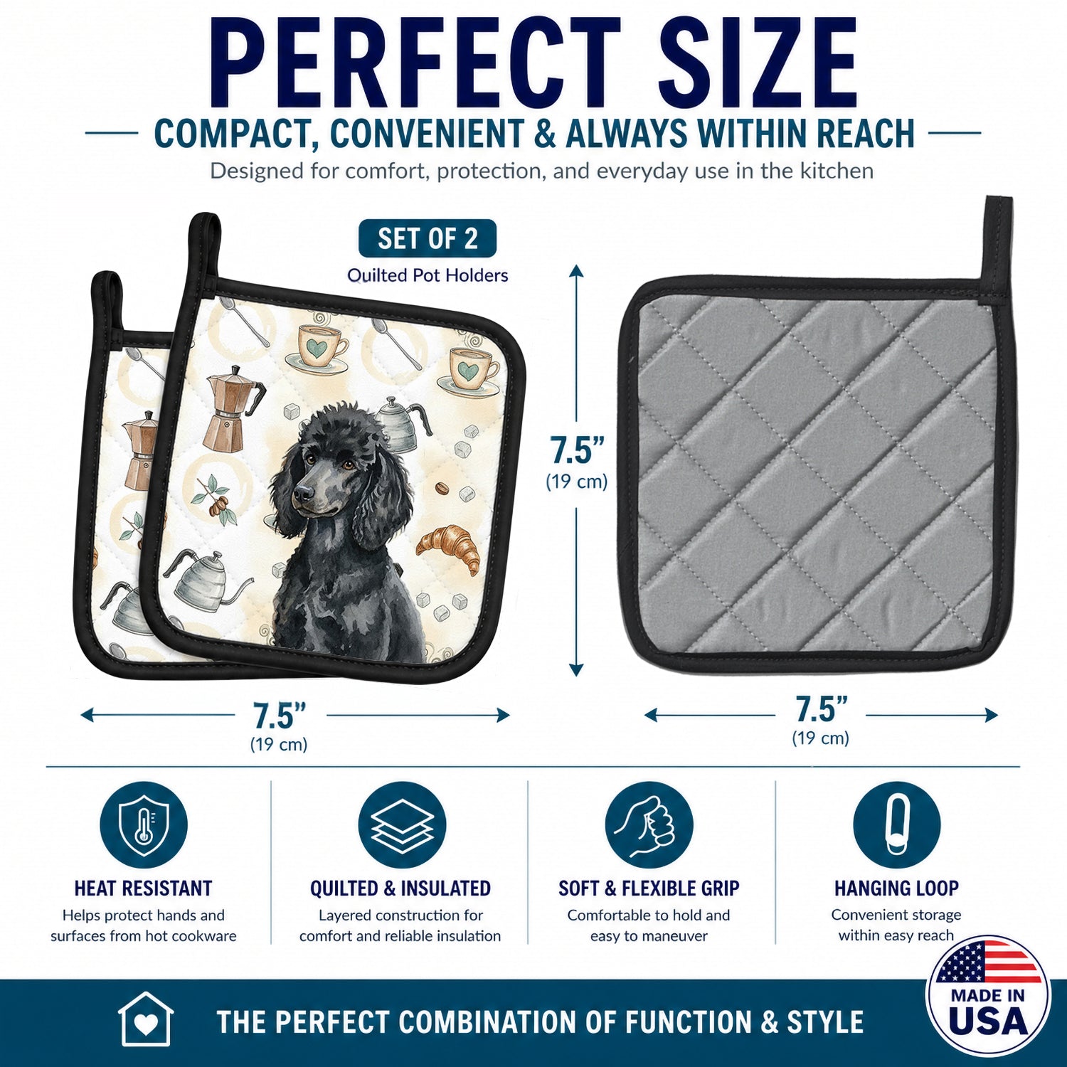 Standard Black Poodle Coffee Bar Pot Holder Set of 2 Heat Resistant Quilted Hot Pads 7.5 x 7.5 Inch, Insulated Kitchen Trivets for Cooking & Baking