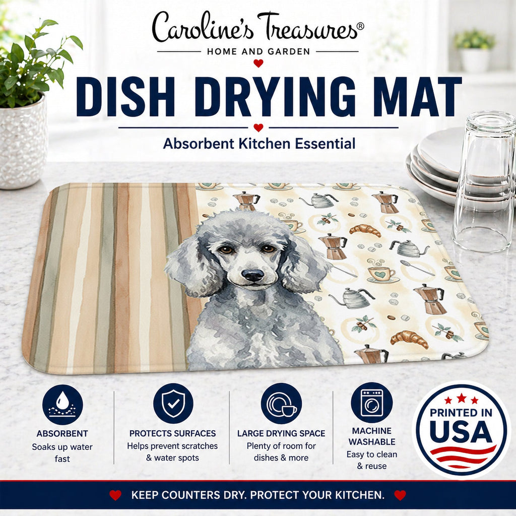Standard Silver Poodle Coffee Bar Dish Drying Mat Absorbent Dish Drying Mat Pad for Kitchen Counter Dish Drainer Mat for Countertop, 14 x 21", Multicolor