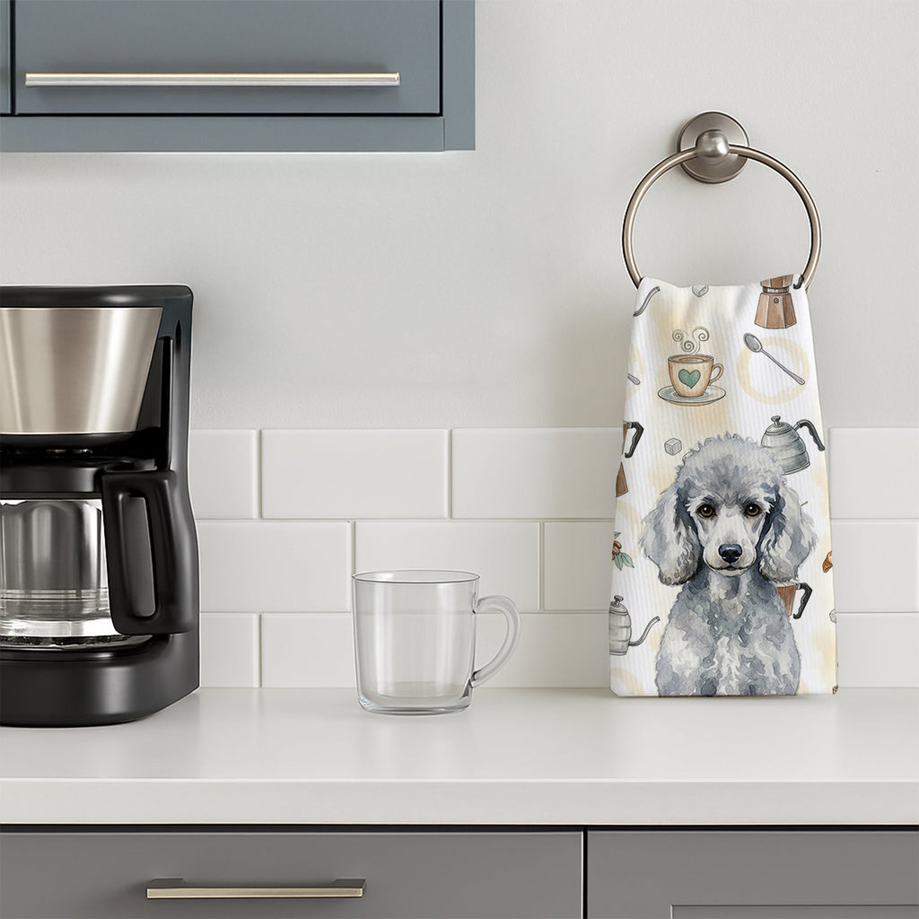 Standard Silver Poodle Coffee Bar Kitchen Towel Velour Plush Front and Cotton Loop Back Machine Washable