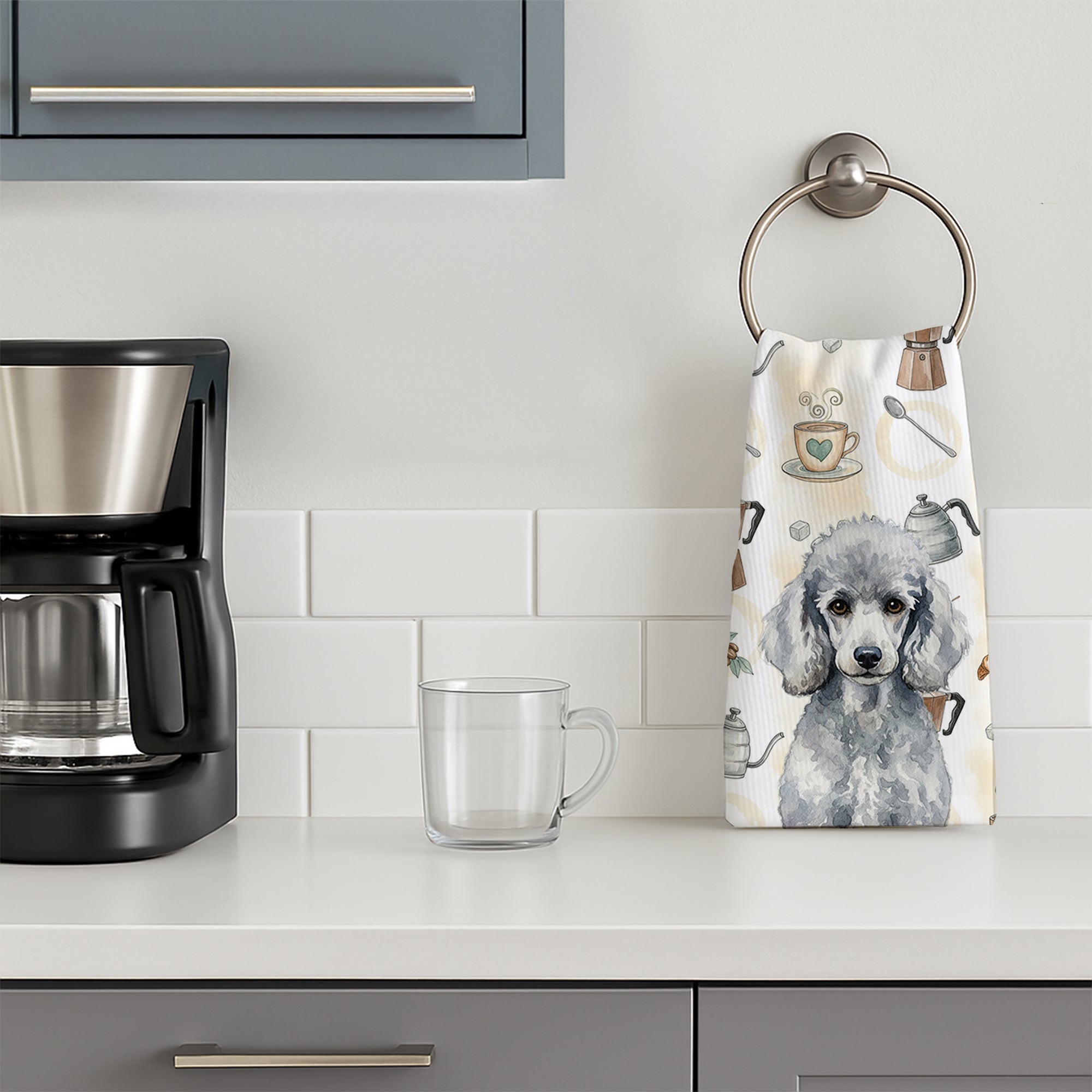 Standard Silver Poodle Coffee Bar Kitchen Towel Velour Plush Front and Cotton Loop Back Machine Washable