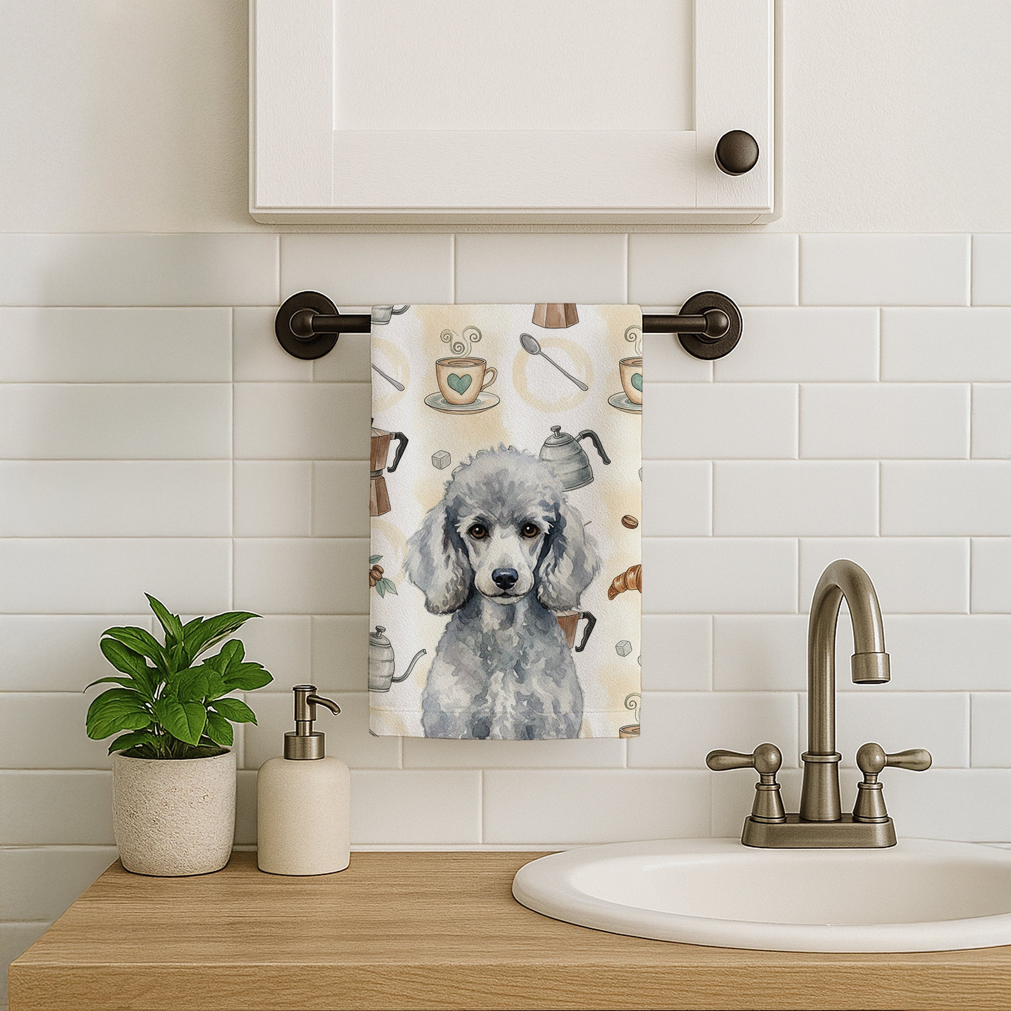 Standard Silver Poodle Coffee Bar Kitchen Towel Velour Plush Front and Cotton Loop Back Machine Washable
