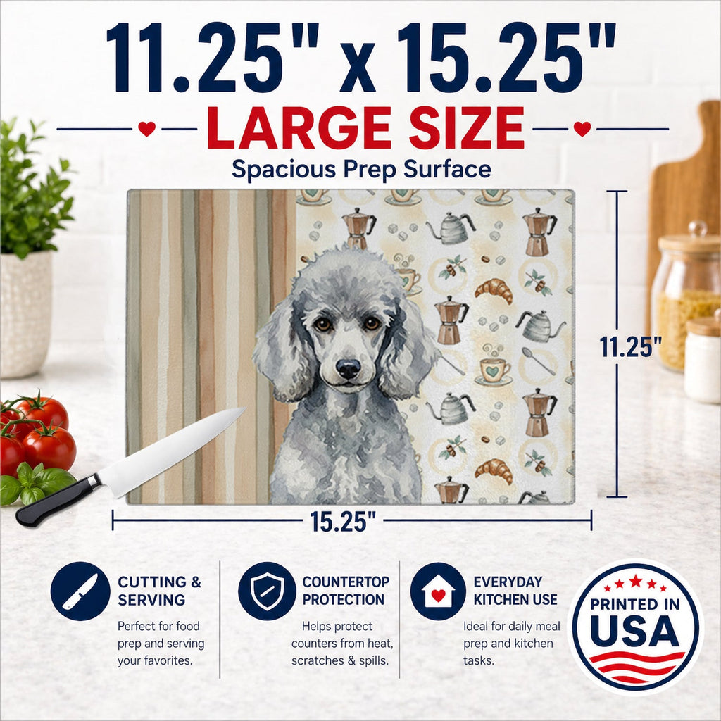Standard Silver Poodle Coffee Bar Cutting Board Tempered Glass Kitchen Cutting Surface, Heat Resistant Chopping, Non-Slip Feet, Food Prep & Serving