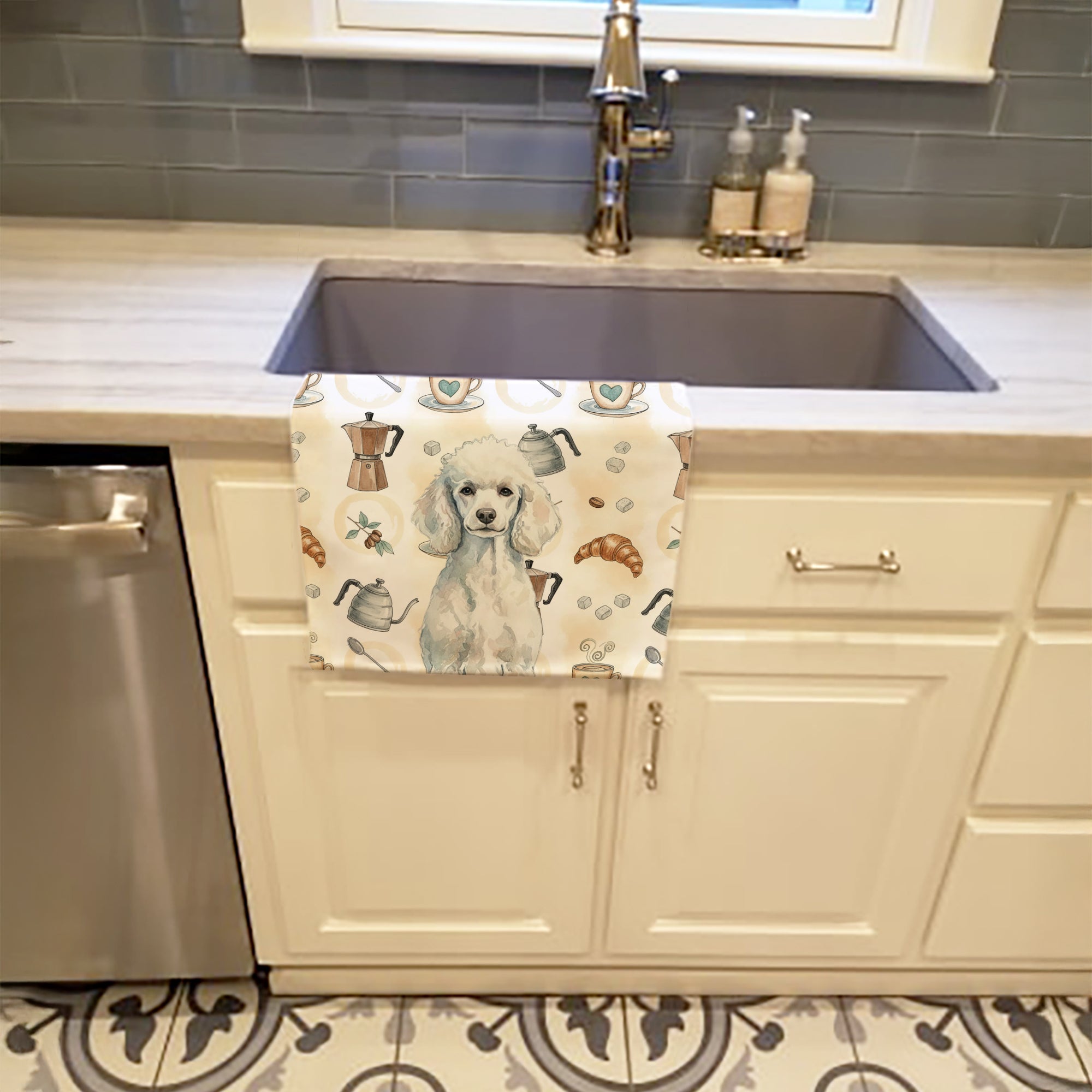 Standard White Poodle Coffee Bar Kitchen Towel Velour Plush Front and Cotton Loop Back Machine Washable