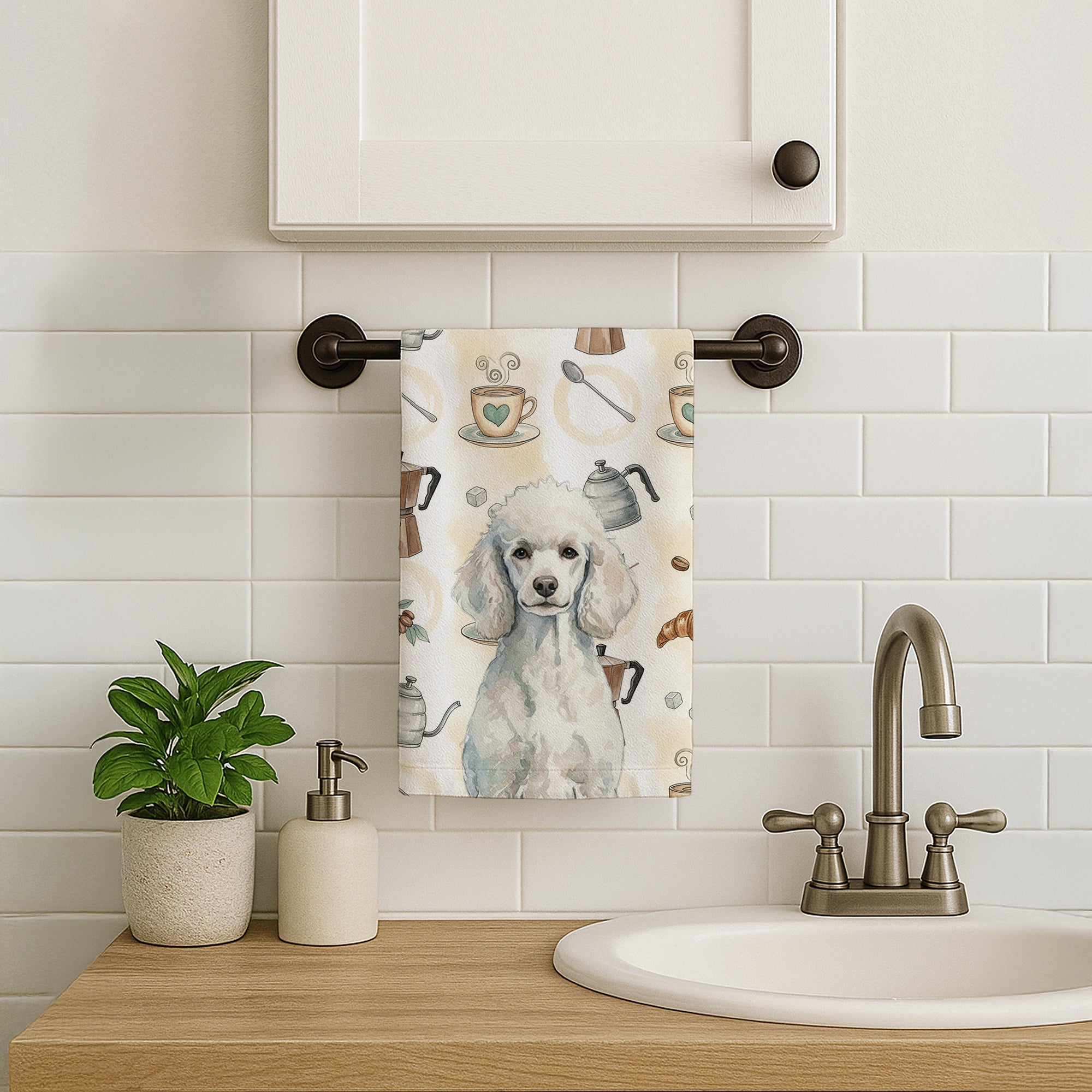 Standard White Poodle Coffee Bar Kitchen Towel Velour Plush Front and Cotton Loop Back Machine Washable