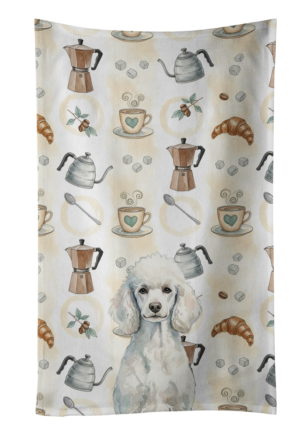 Standard White Poodle Coffee Bar Kitchen Towel Velour Plush Front and Cotton Loop Back Machine Washable