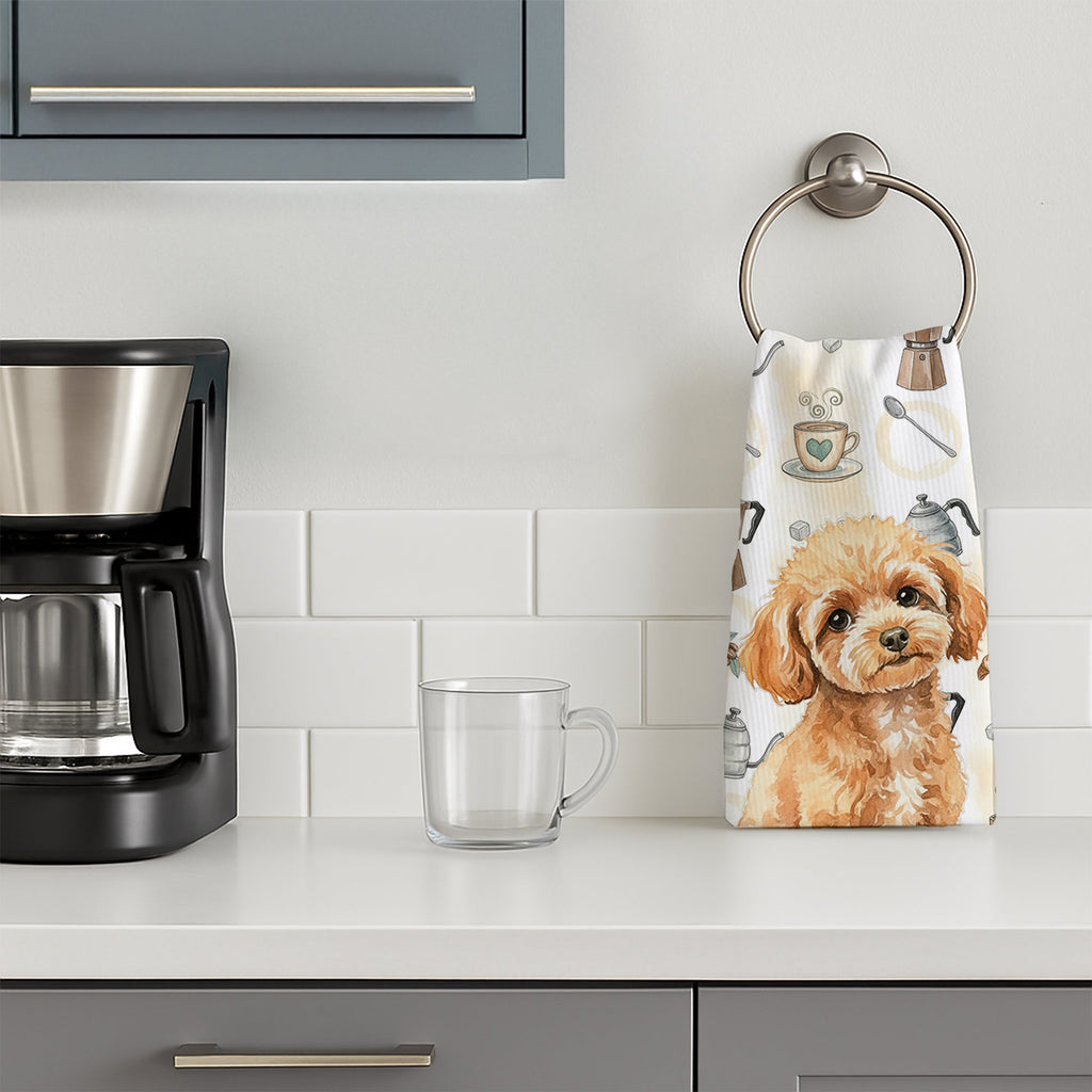 Toy Apricot Poodle Coffee Bar Kitchen Towel Velour Plush Front and Cotton Loop Back Machine Washable