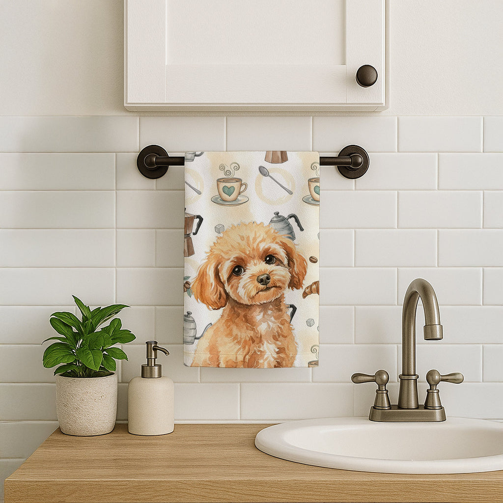 Toy Apricot Poodle Coffee Bar Kitchen Towel Velour Plush Front and Cotton Loop Back Machine Washable