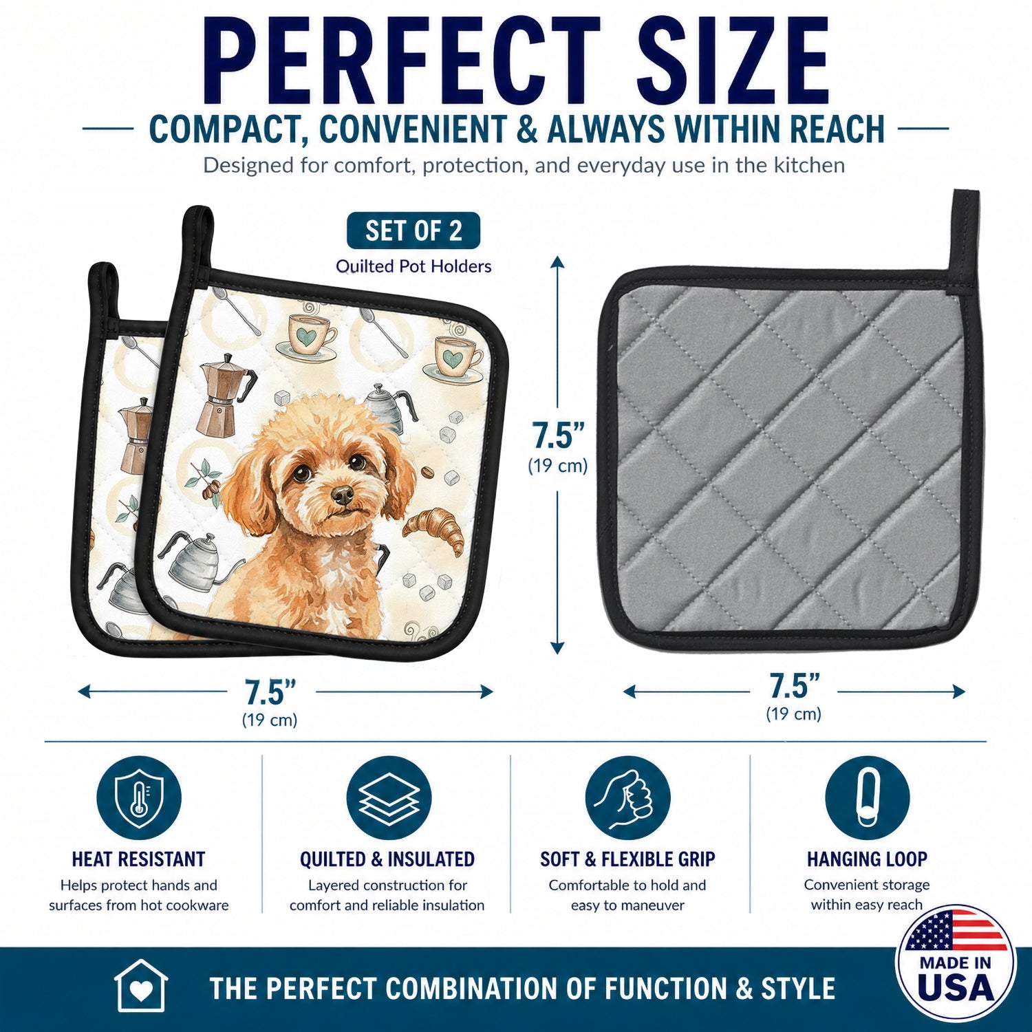 Toy Apricot Poodle Coffee Bar Pot Holder Set of 2 Heat Resistant Quilted Hot Pads 7.5 x 7.5 Inch, Insulated Kitchen Trivets for Cooking & Baking