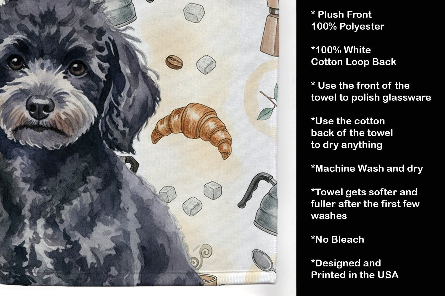Toy Black Poodle Coffee Bar Kitchen Towel Velour Plush Front and Cotton Loop Back Machine Washable