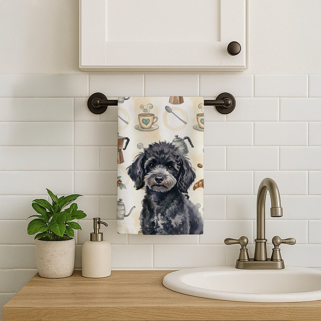 Toy Black Poodle Coffee Bar Kitchen Towel Velour Plush Front and Cotton Loop Back Machine Washable