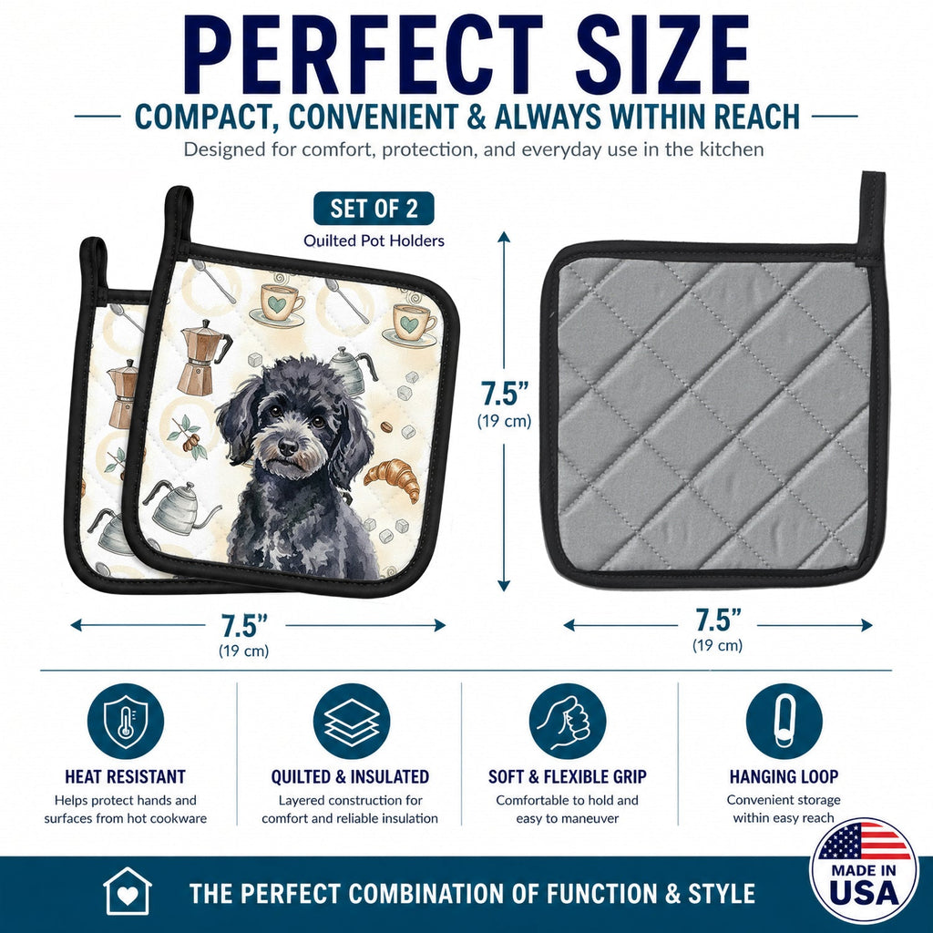 Toy Black Poodle Coffee Bar Pot Holder Set of 2 Heat Resistant Quilted Hot Pads 7.5 x 7.5 Inch, Insulated Kitchen Trivets for Cooking & Baking