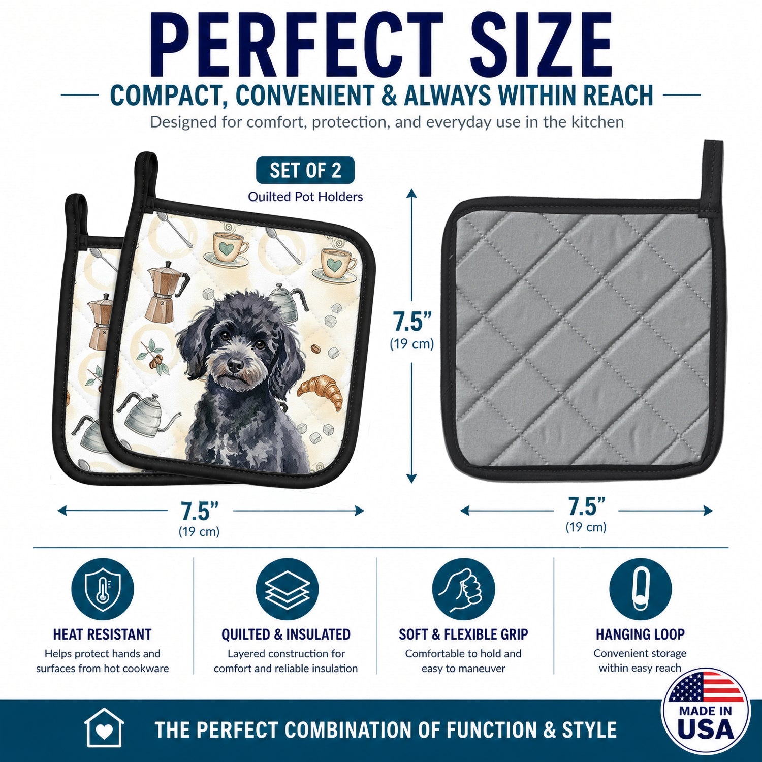 Toy Black Poodle Coffee Bar Pot Holder Set of 2 Heat Resistant Quilted Hot Pads 7.5 x 7.5 Inch, Insulated Kitchen Trivets for Cooking & Baking