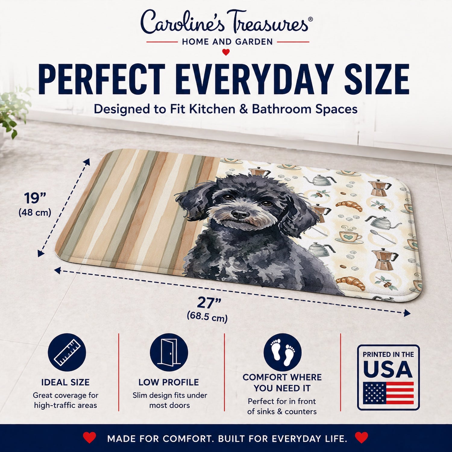 Toy Black Poodle Coffee Bar Memory Foam Kitchen Mat Machine Washable Anti-Fatigue Cushion Comfort Bath or Kitchen Rug