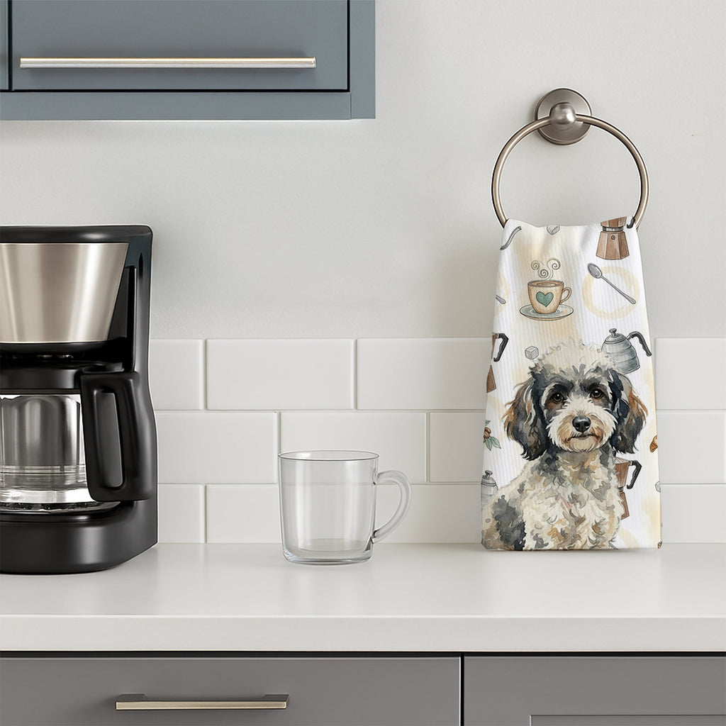 Toy Parti Poodle Coffee Bar Kitchen Towel Velour Plush Front and Cotton Loop Back Machine Washable