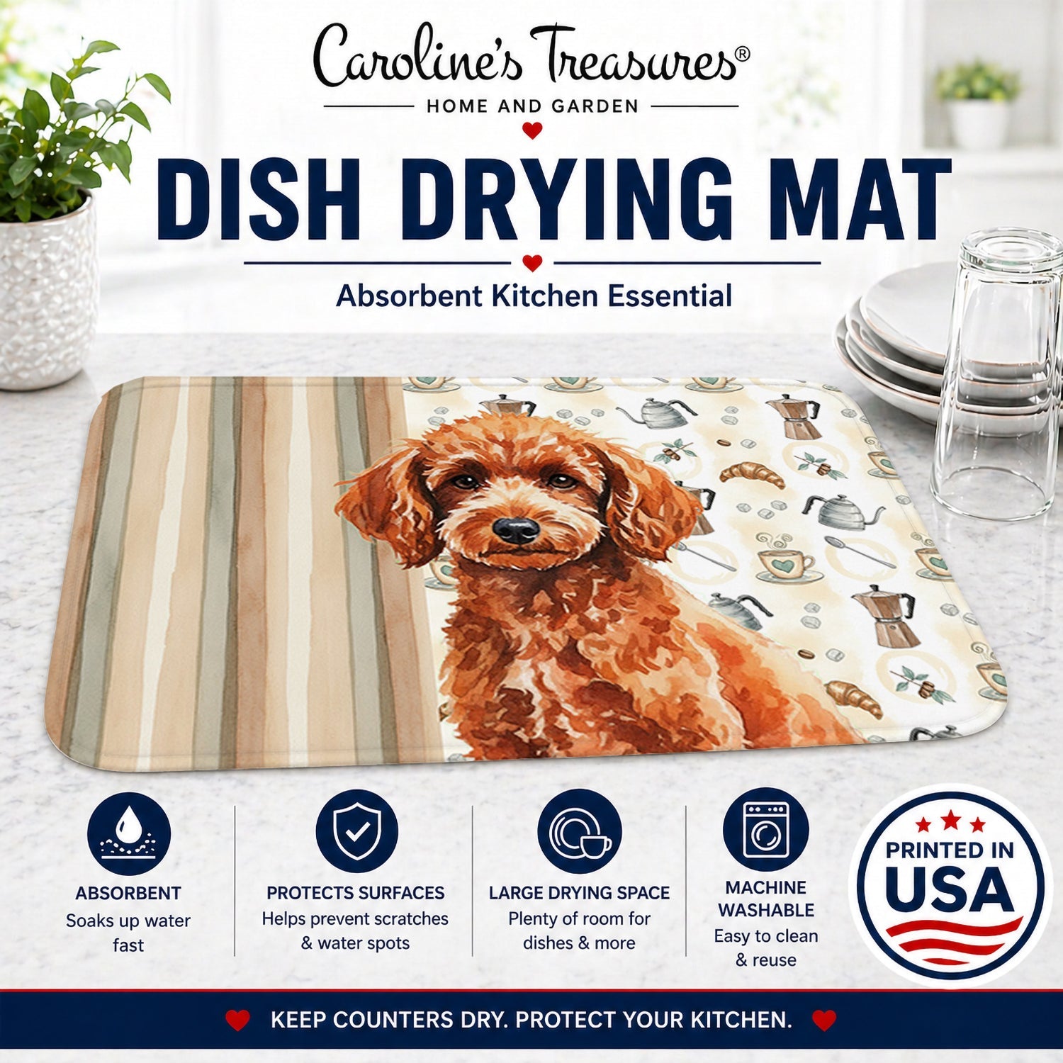 Toy Red Poodle Coffee Bar Dish Drying Mat Absorbent Dish Drying Mat Pad for Kitchen Counter Dish Drainer Mat for Countertop, 14 x 21", Multicolor