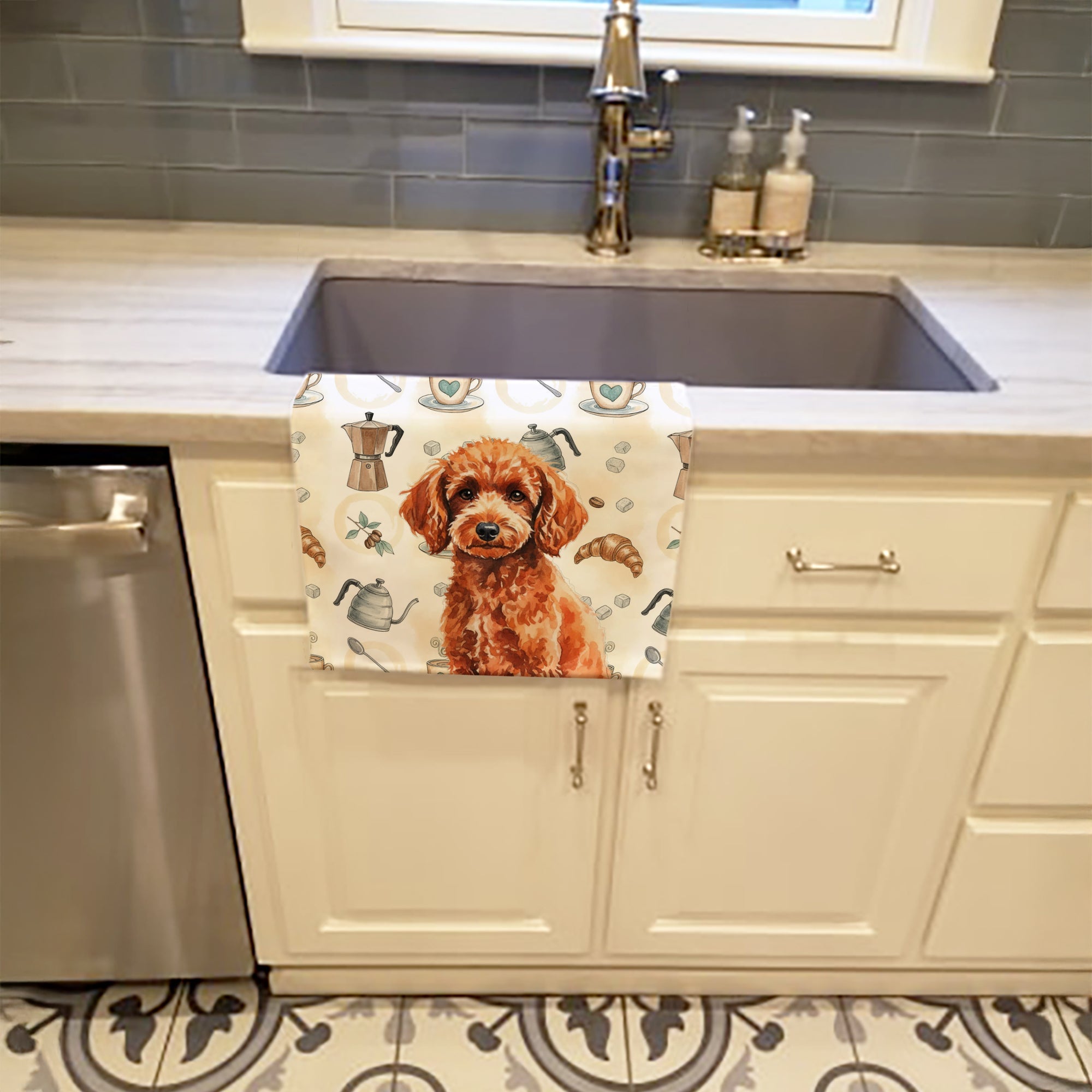 Toy Red Poodle Coffee Bar Kitchen Towel Velour Plush Front and Cotton Loop Back Machine Washable