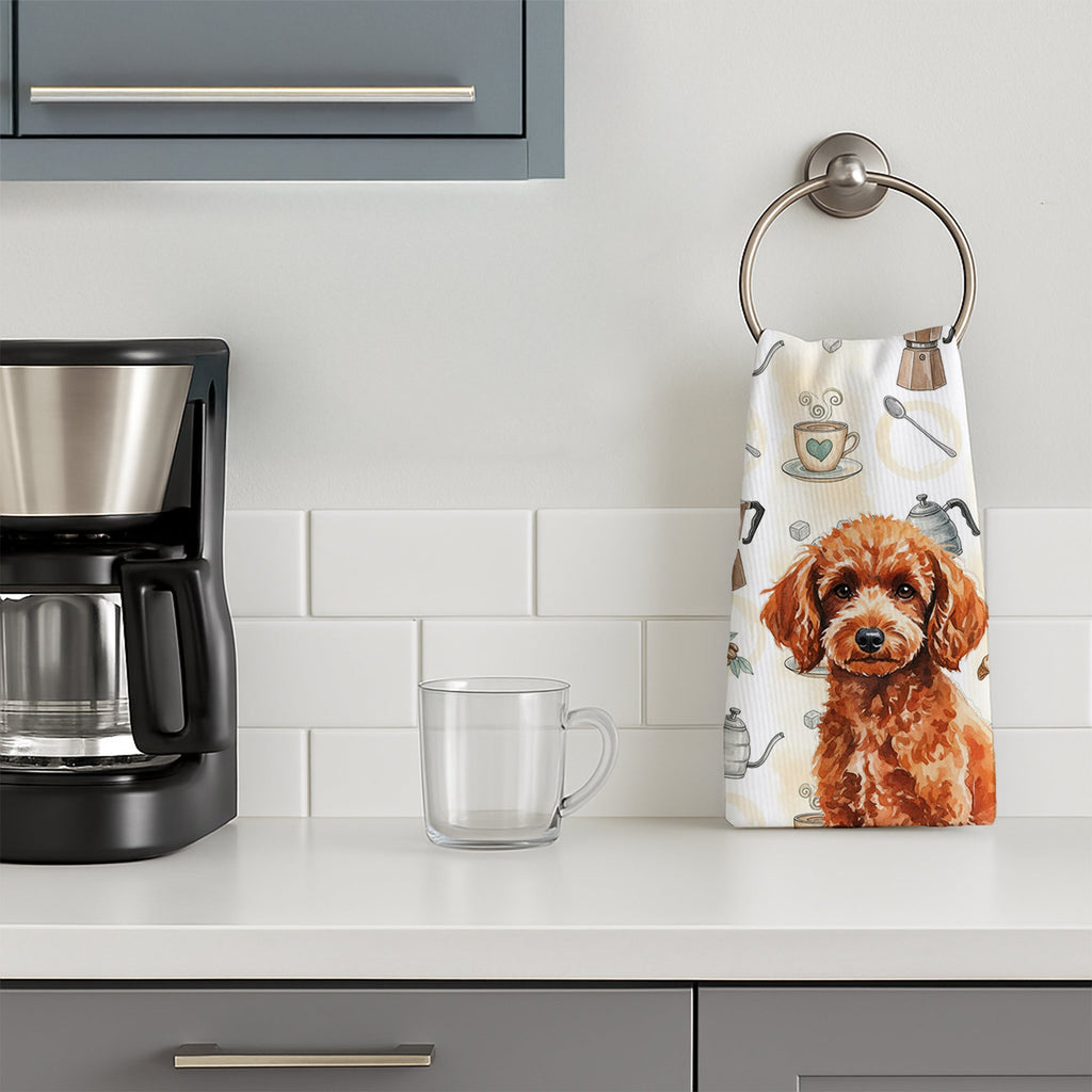 Toy Red Poodle Coffee Bar Kitchen Towel Velour Plush Front and Cotton Loop Back Machine Washable