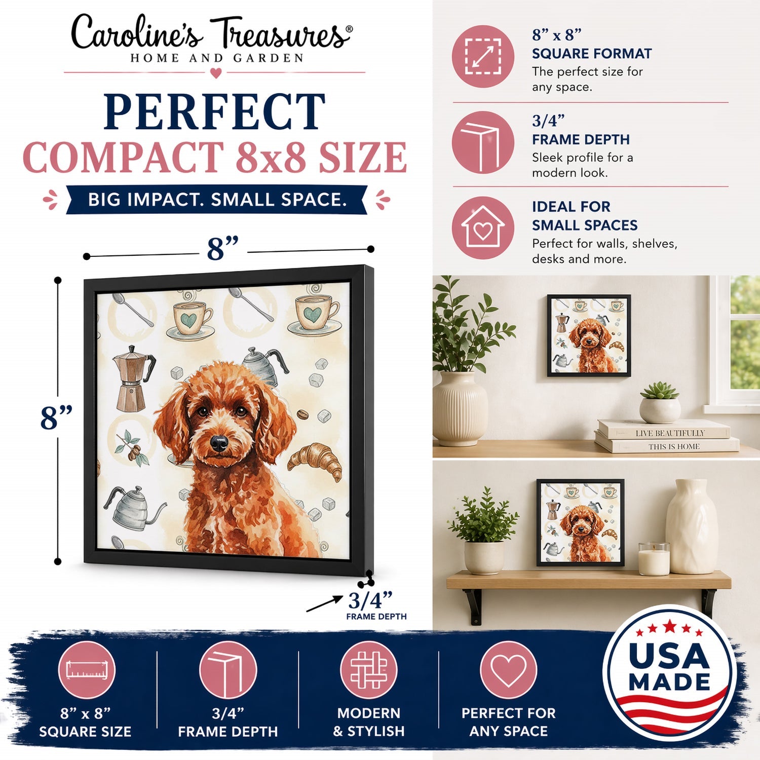 Toy Red Poodle Coffee Bar Framed Metal Print Bathroom, Kitchen, Office, Home Decor Wall Art Ready to Hang, Square, 8X8