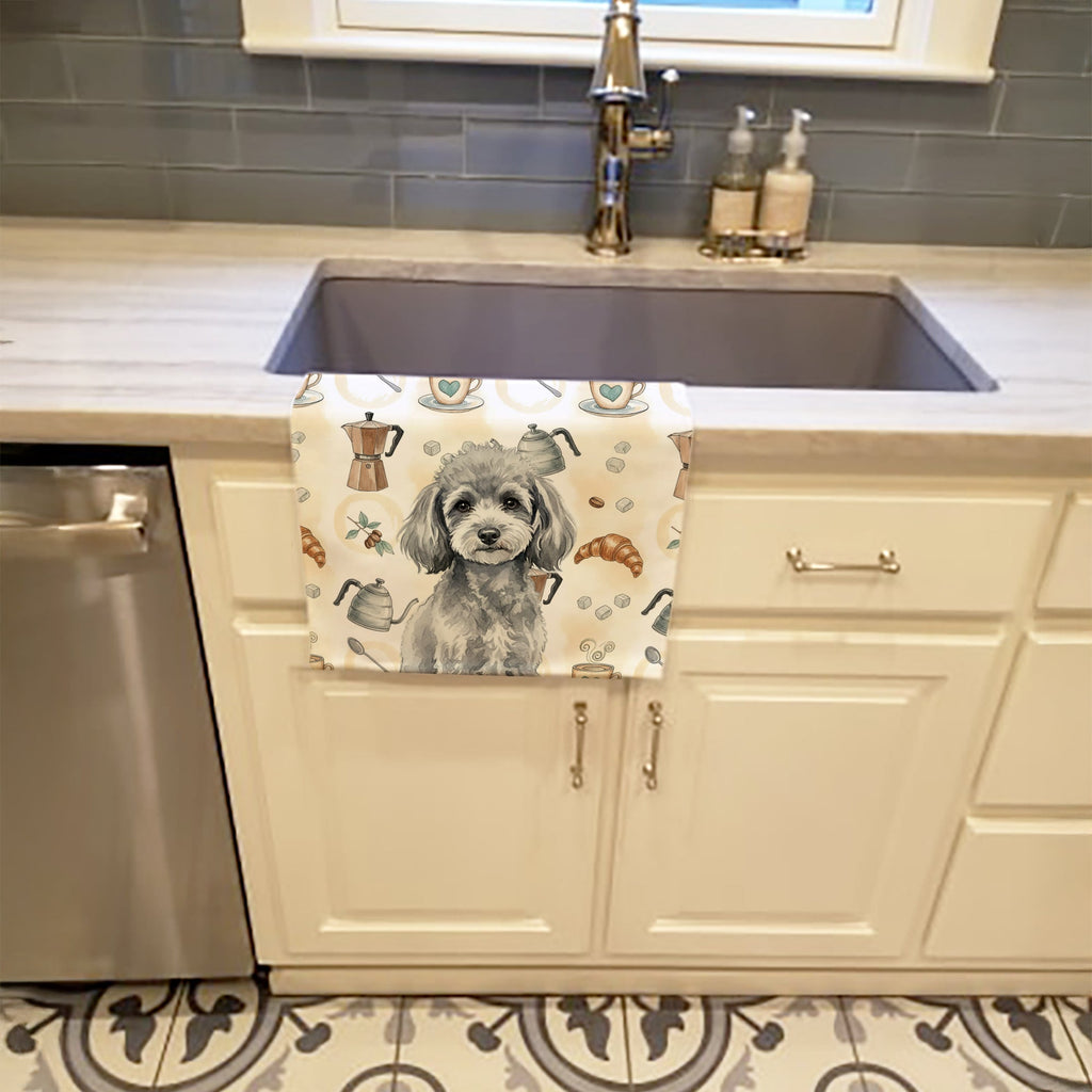 Toy Silver Poodle Coffee Bar Kitchen Towel Velour Plush Front and Cotton Loop Back Machine Washable