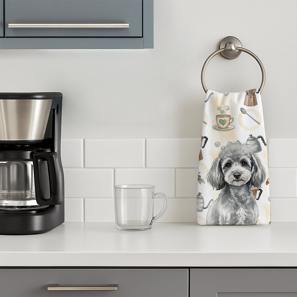 Toy Silver Poodle Coffee Bar Kitchen Towel Velour Plush Front and Cotton Loop Back Machine Washable