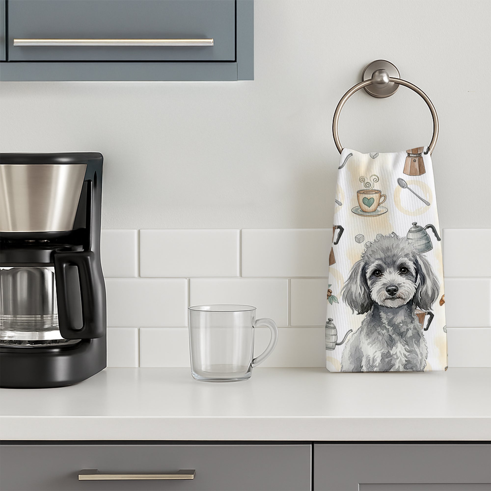 Toy Silver Poodle Coffee Bar Kitchen Towel Velour Plush Front and Cotton Loop Back Machine Washable