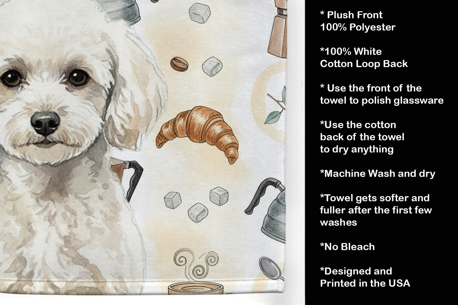 Toy White Poodle Coffee Bar Kitchen Towel Velour Plush Front and Cotton Loop Back Machine Washable