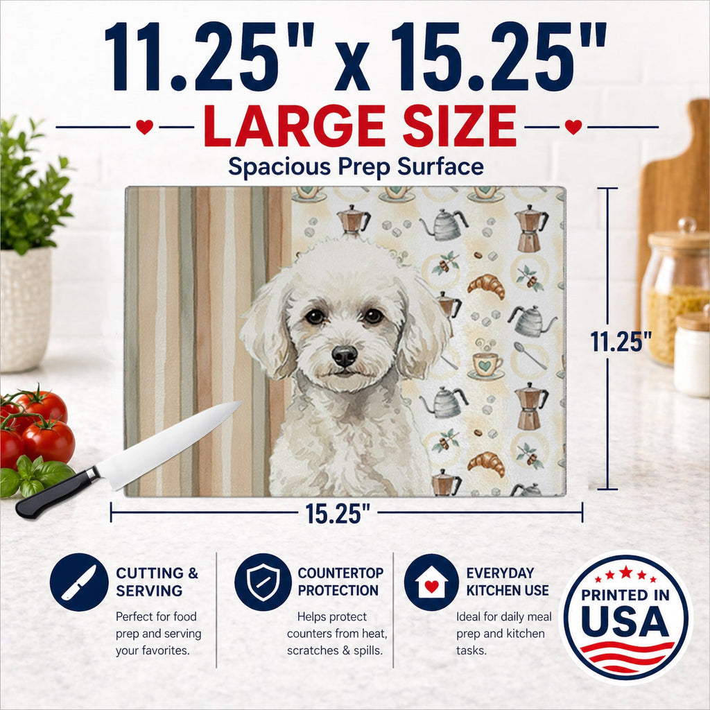 Toy White Poodle Coffee Bar Cutting Board Tempered Glass Kitchen Cutting Surface, Heat Resistant Chopping, Non-Slip Feet, Food Prep & Serving