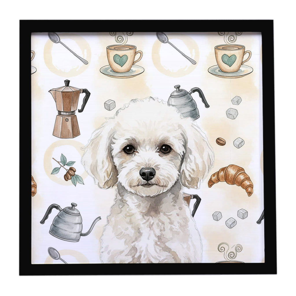 Toy White Poodle Coffee Bar Framed Metal Print Bathroom, Kitchen, Office, Home Decor Wall Art Ready to Hang, Square, 8X8