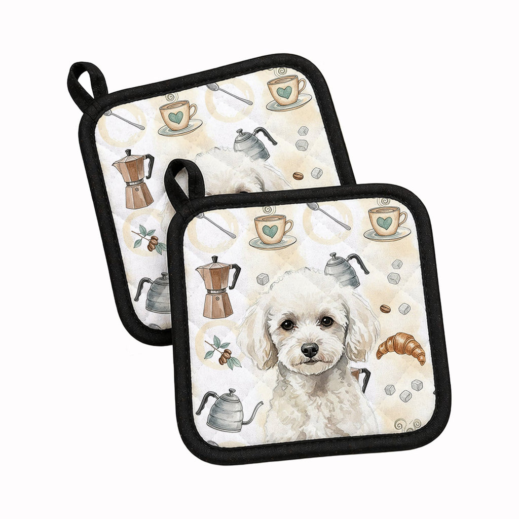 Toy White Poodle Coffee Bar Pot Holder Set of 2 Heat Resistant Quilted Hot Pads 7.5 x 7.5 Inch, Insulated Kitchen Trivets for Cooking & Baking