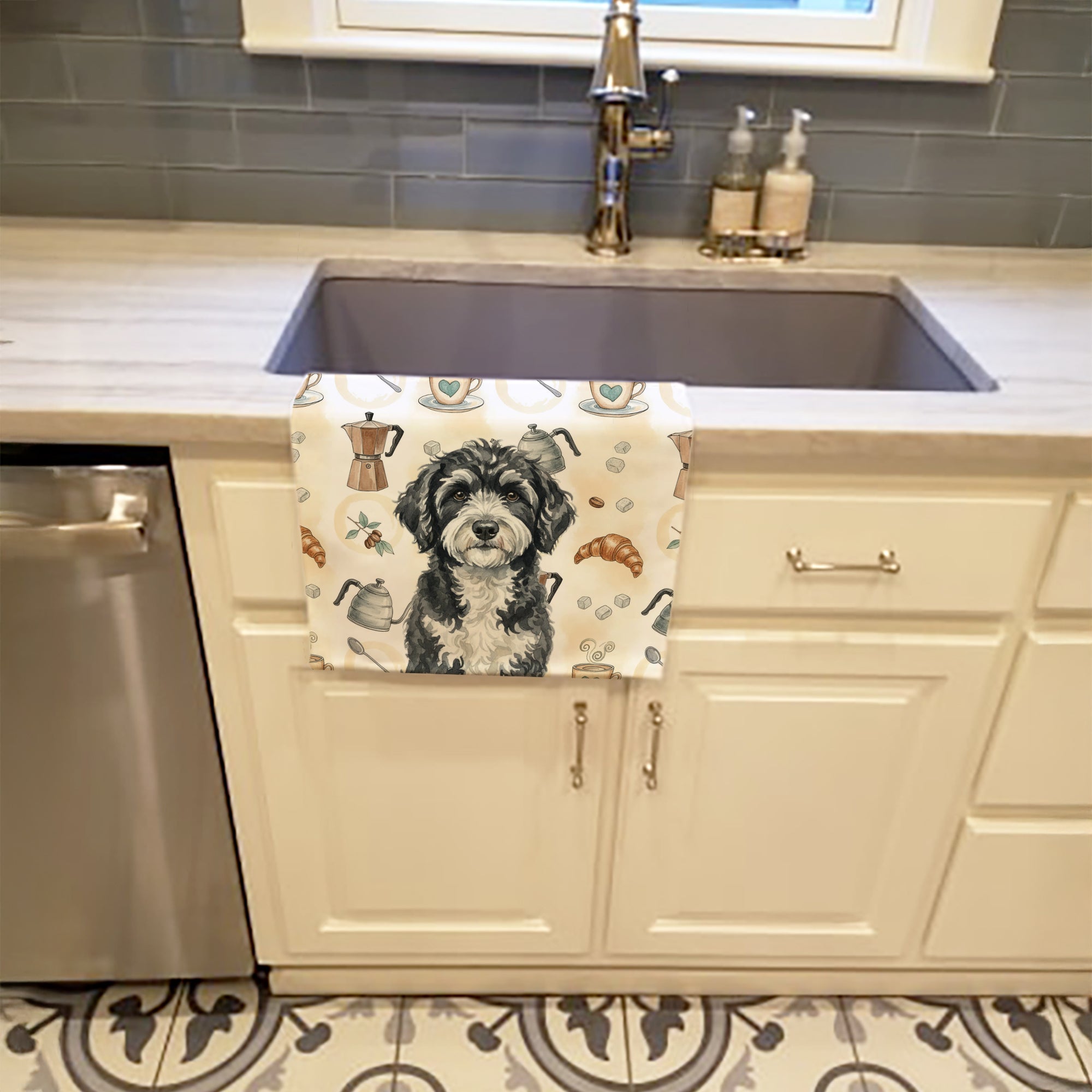 Portuguese Water Dog Coffee Bar Kitchen Towel Velour Plush Front and Cotton Loop Back Machine Washable