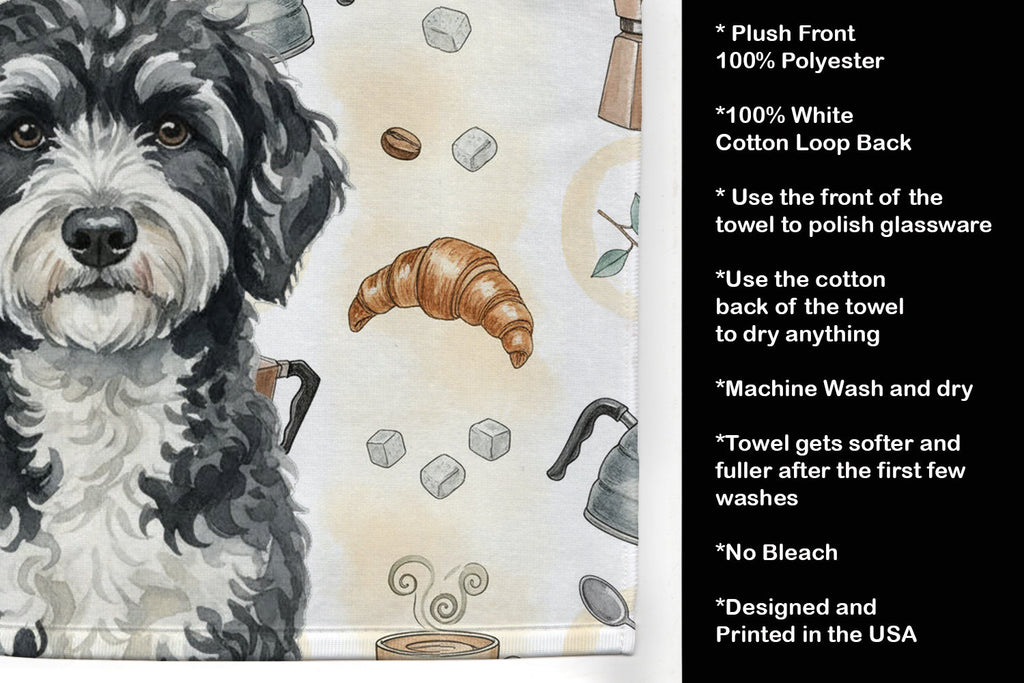Portuguese Water Dog Coffee Bar Kitchen Towel Velour Plush Front and Cotton Loop Back Machine Washable