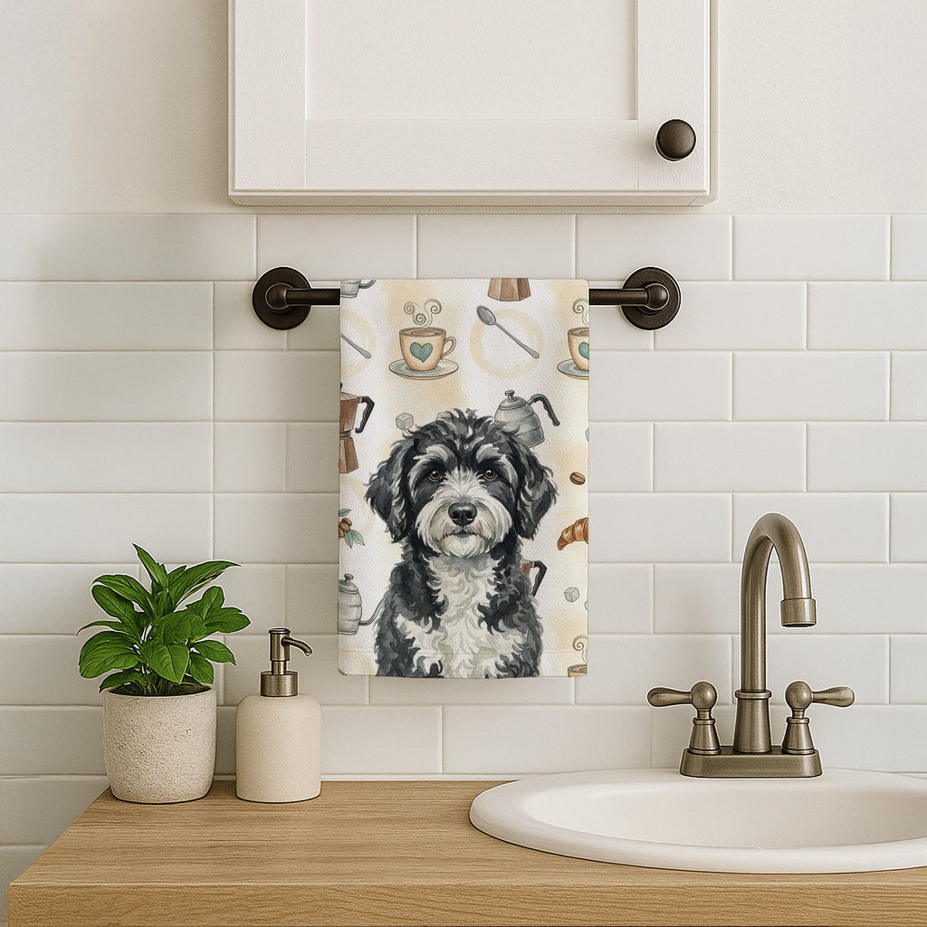 Portuguese Water Dog Coffee Bar Kitchen Towel Velour Plush Front and Cotton Loop Back Machine Washable