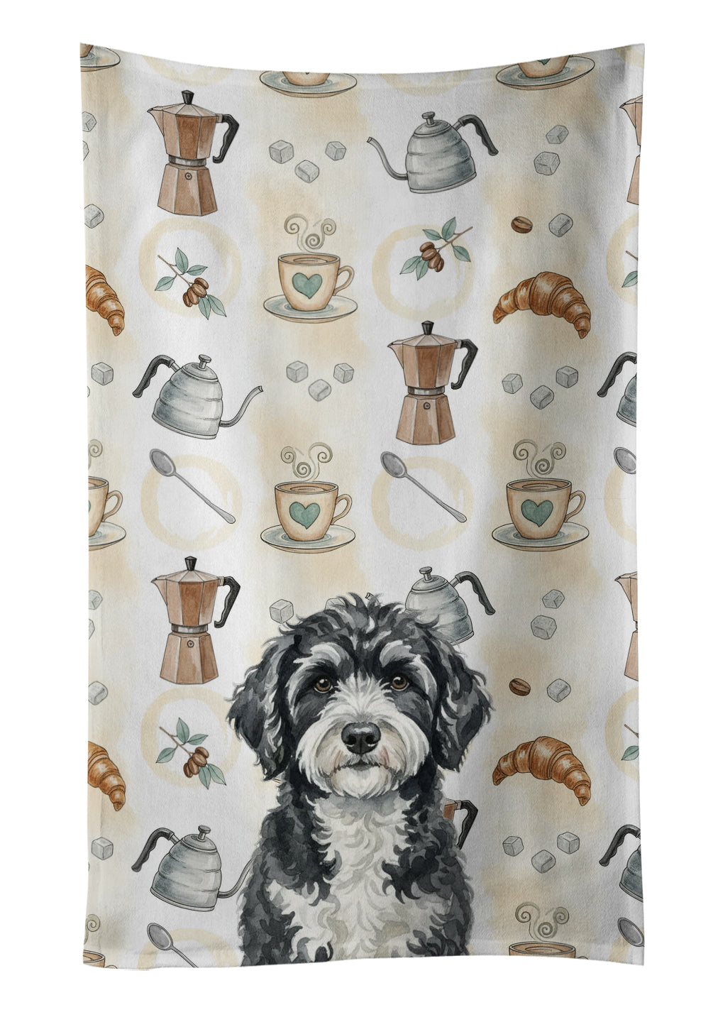 Portuguese Water Dog Coffee Bar Kitchen Towel Velour Plush Front and Cotton Loop Back Machine Washable