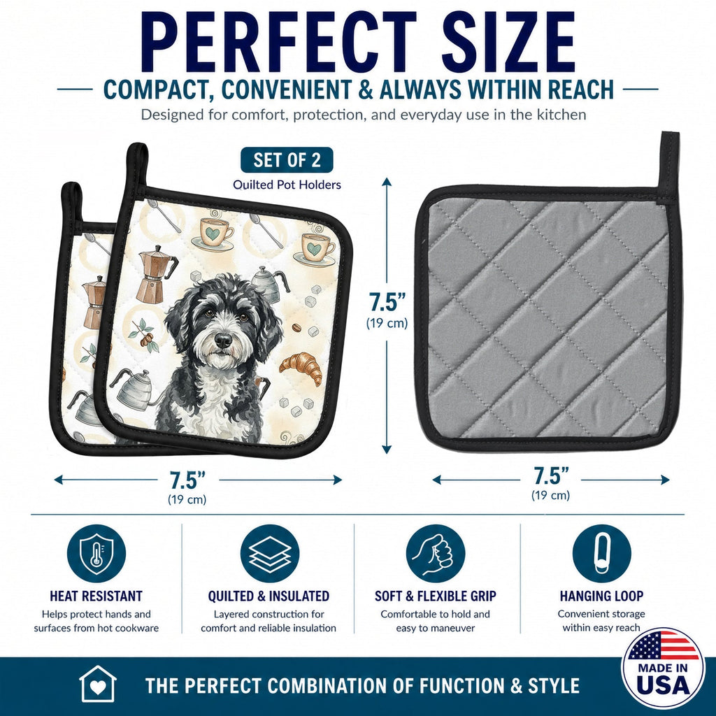 Portuguese Water Dog Coffee Bar Pot Holder Set of 2 Heat Resistant Quilted Hot Pads 7.5 x 7.5 Inch, Insulated Kitchen Trivets for Cooking & Baking