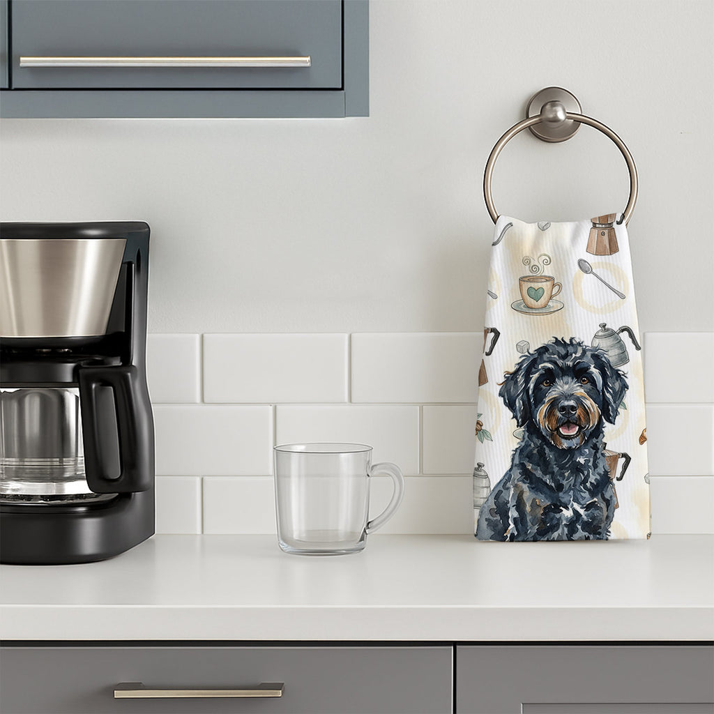 Black Portuguese Water Dog Coffee Bar Kitchen Towel Velour Plush Front and Cotton Loop Back Machine Washable